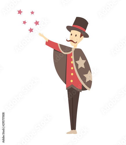 Magician doing a trick - cartoon people character isolated illustration. Young, stylish and bright wizard with mustache in a suit performing.