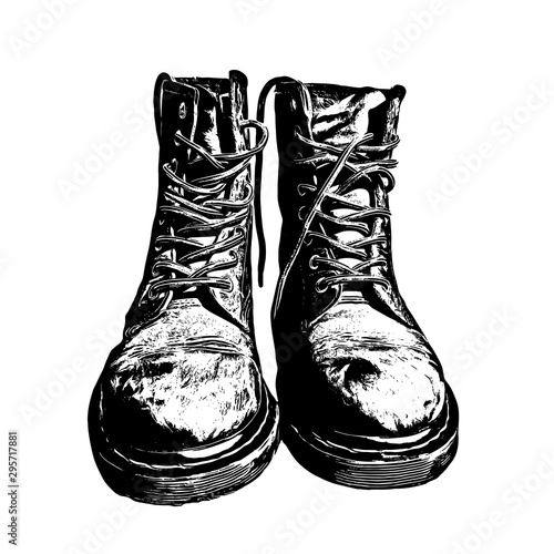 Military Boots Black Ink Graphic Drawn Illustration Vector