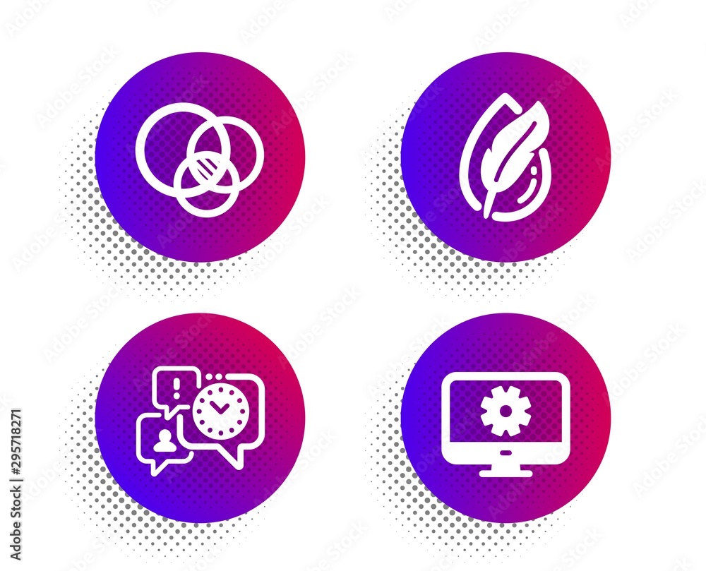 Euler diagram, Hypoallergenic tested and Time management icons simple set. Halftone dots button. Monitor settings sign. Relationships chart, Feather, Office chat. Service cogwheel. Vector