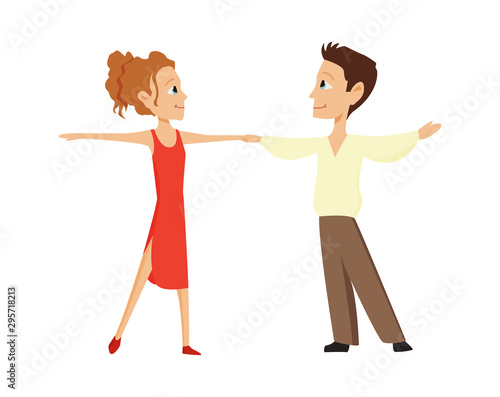 Boy and a girl are dancing on a white background. Kids ballroom dancing. Couple of small dancers. Vector illustration in cartoon style.