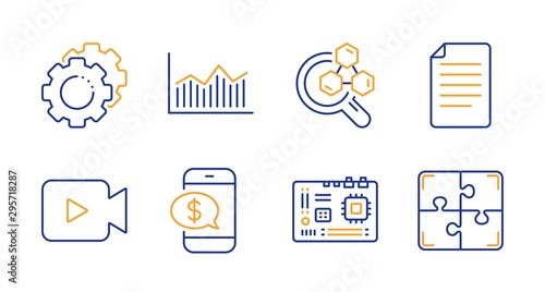 Settings gears, File and Money diagram line icons set. Motherboard, Chemistry lab and Video camera signs. Phone payment, Puzzle symbols. Technology process, Paper page. Business set. Vector