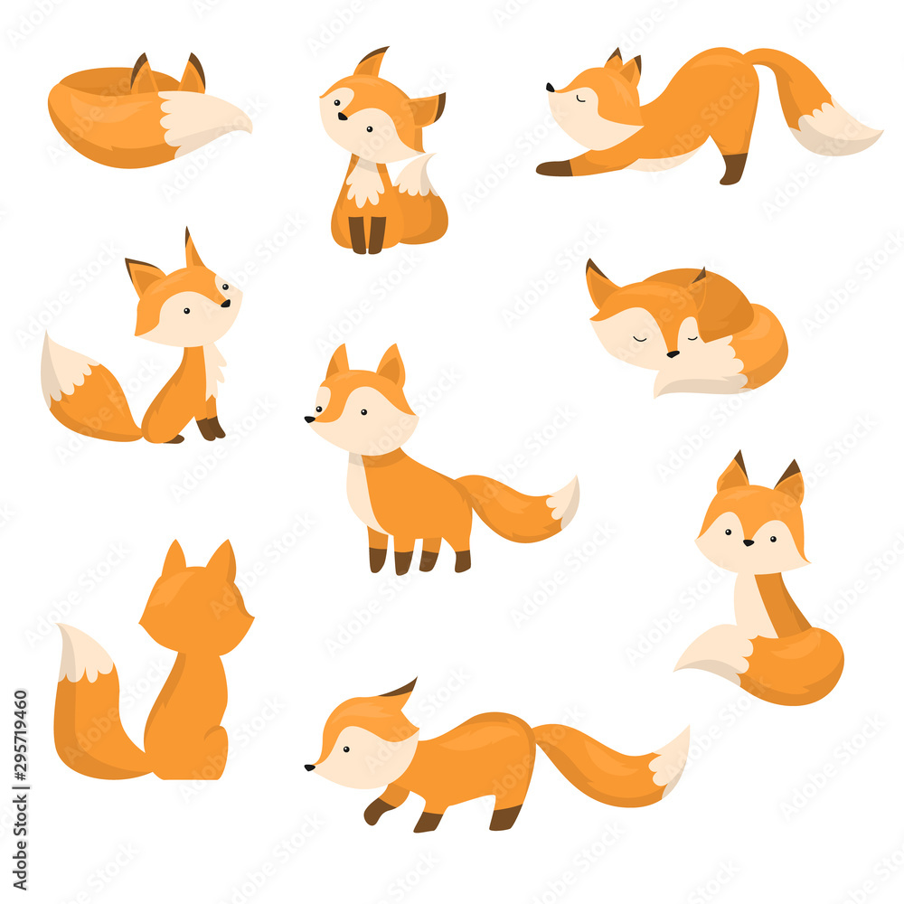 A set of cute cartoon foxes in different actions. Vector illustration in flat cartoon style. - obrazy, fototapety, plakaty 
