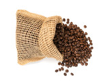 Brown Coffee Beans in Burlap Bag Isolated on White Background