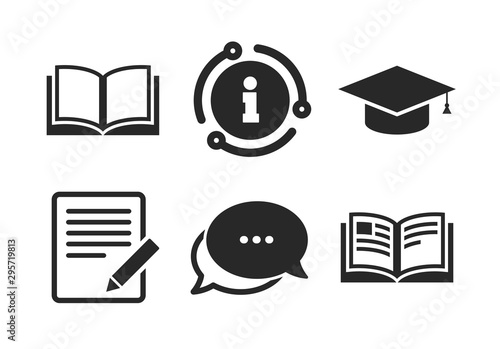 Graduation cap symbol. Chat, info sign. Pencil with document and open book icons. Higher education learn signs. Classic style speech bubble icon. Vector