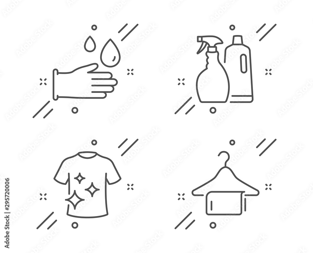 Fototapeta premium Rubber gloves, Clean t-shirt and Shampoo and spray line icons set. Clean towel sign. Hygiene equipment, Laundry shirt, Washing liquids. Laundry hanger. Cleaning set. Vector