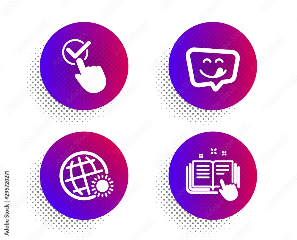 Yummy smile, Checkbox and World weather icons simple set. Halftone dots button. Technical documentation sign. Emoticon, Approved, Sunny. Manual. Business set. Classic flat yummy smile icon. Vector Yummy smile, Checkbox and World weather icons simple set. Halftone dots button. Technical documentation sign. Emoticon, Approved, Sunny. Manual. Business set. Classic flat yummy smile icon. Vector