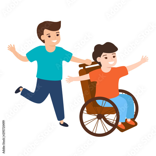 Smiling kids boy walking with disabled boy sitting in wheelchair. Children's friendship. Vector illustration isolated.