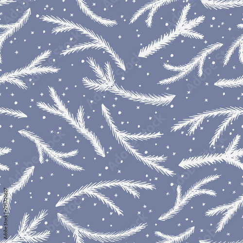 Christmas winter seamless pattern with spruce branches and snowflakes. Winter background.