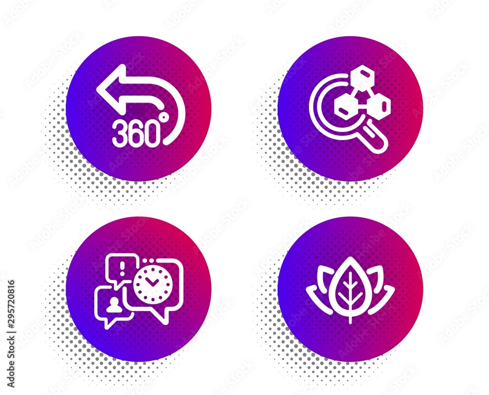 Chemistry lab, 360 degrees and Time management icons simple set. Halftone dots button. Organic tested sign. Lab research, Full rotation, Office chat. Bio ingredients. Science set. Vector Chemistry lab, 360 degrees and Time management icons simple set. Halftone dots button. Organic tested sign. Lab research, Full rotation, Office chat. Bio ingredients. Science set. Vector