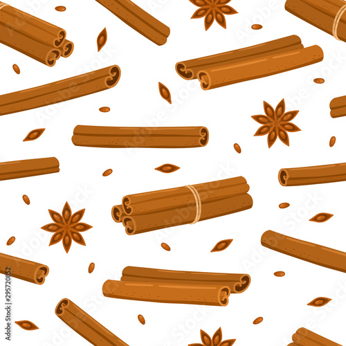 Cinnamon sticks and star anise seamless pattern isolated on white.