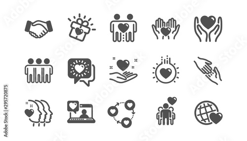 Friendship and love icons. Interaction, Mutual understanding and assistance business. Trust handshake, social responsibility icons. Classic set. Quality set. Vector