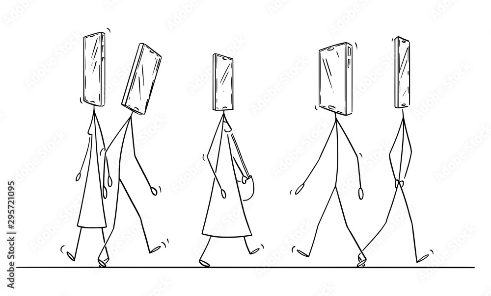 Vector cartoon stick figure drawing conceptual illustration of people or pedestrians walking on the street with mobile phone or smartphone as head. Concept of addiction. Vector cartoon stick figure drawing conceptual illustration of people or pedestrians walking on the street with mobile phone or smartphone as head. Concept of addiction.