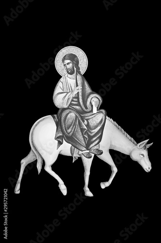 Jesus on the white donkey. Part of illustration Dominica in Palmis de passione Domini. Palm Sunday.
