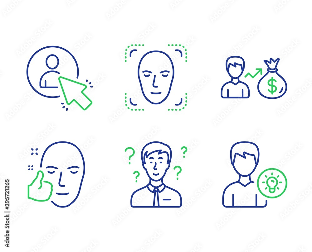 Face detection, User and Healthy face line icons set. Support consultant, Sallary and Person idea signs. Detect person, Project manager, Healthy cosmetics. Question mark. People set. Vector Face detection, User and Healthy face line icons set. Support consultant, Sallary and Person idea signs. Detect person, Project manager, Healthy cosmetics. Question mark. People set. Vector