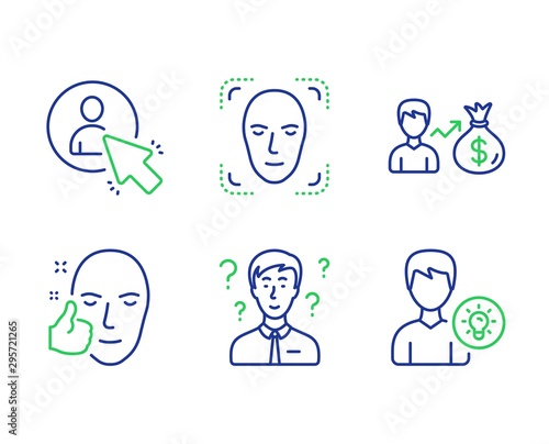 Face detection, User and Healthy face line icons set. Support consultant, Sallary and Person idea signs. Detect person, Project manager, Healthy cosmetics. Question mark. People set. Vector