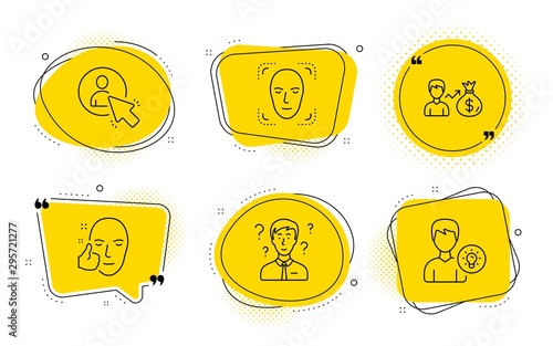 Support consultant, Sallary and Person idea signs. Chat bubbles. Face detection, User and Healthy face line icons set. Detect person, Project manager, Healthy cosmetics. Question mark. Vector
