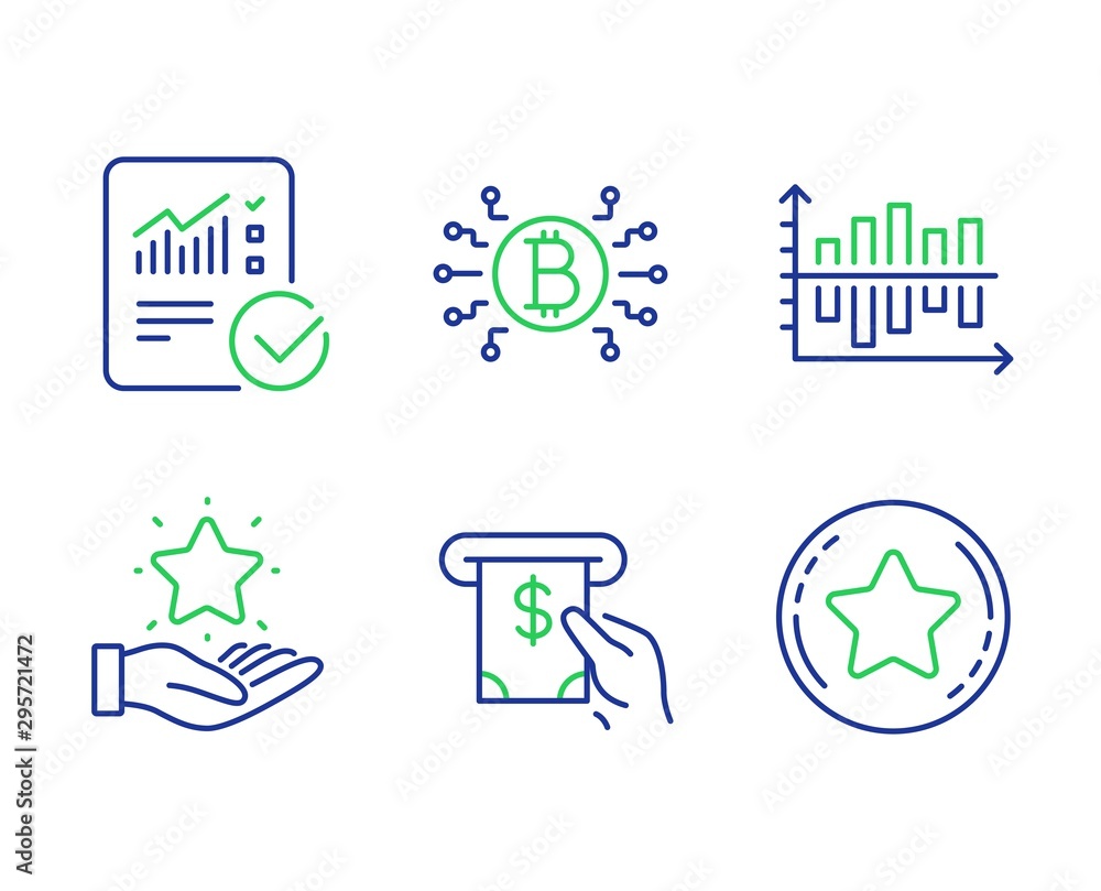 Bitcoin system, Diagram chart and Loyalty program line icons set. Atm service, Checked calculation and Loyalty star signs. Cryptocurrency scheme, Presentation graph, Bonus star. Vector Bitcoin system, Diagram chart and Loyalty program line icons set. Atm service, Checked calculation and Loyalty star signs. Cryptocurrency scheme, Presentation graph, Bonus star. Vector