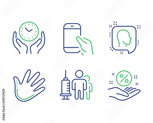 Hold smartphone, Head and Safe time line icons set. Hand, Medical vaccination and Loan percent signs. Phone call, Profile messages, Hold clock. Swipe. People set. Vector