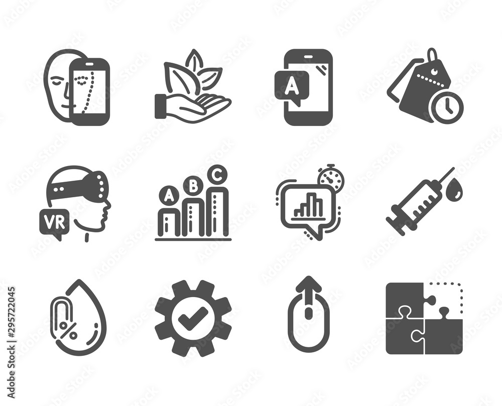 Set of Science icons, such as Puzzle, Ab testing, Swipe up, Face biometrics, Organic product, No alcohol, Medical syringe, Service, Statistics timer, Augmented reality, Time management. Vector