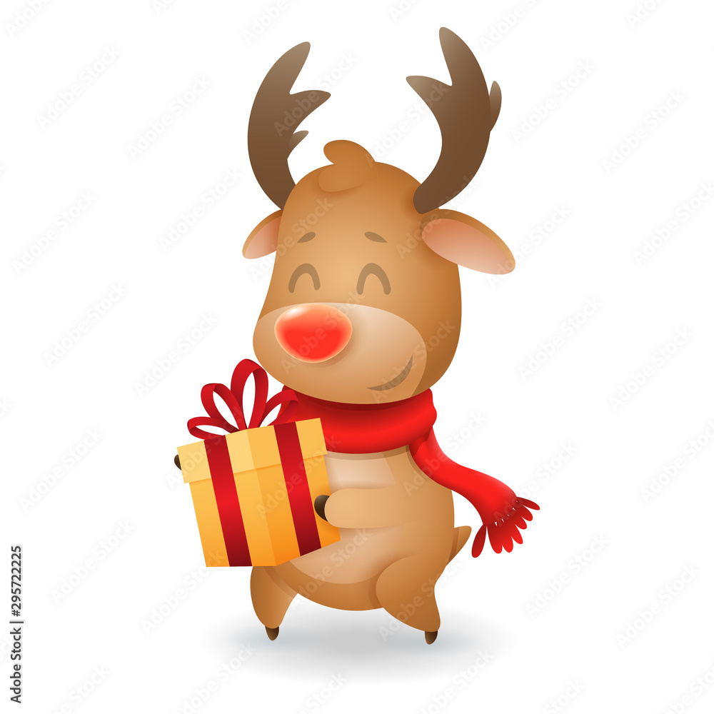 Cute Reindeer with gift box - vector illustration isolated on transparent background Cute Reindeer with gift box - vector illustration isolated on transparent background