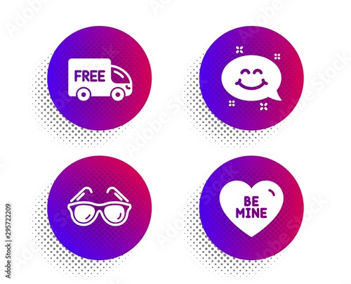 Free delivery, Smile chat and Sunglasses icons simple set. Halftone dots button. Be mine sign. Shopping truck, Happy emoticon, Travel glasses. Love sweetheart. Holidays set. Vector
