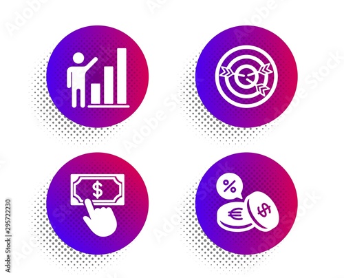 Targeting, Payment click and Graph chart icons simple set. Halftone dots button. Currency exchange sign. Target with arrows, Financial transfer, Growth report. Euro and usd. Finance set. Vector