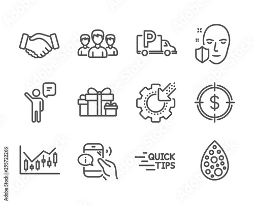 Set of Business icons, such as Truck parking, Dollar target, Agent, Holiday presents, Call center, Seo gear, Group, Face protection, Education, Financial diagram, Artificial colors. Vector