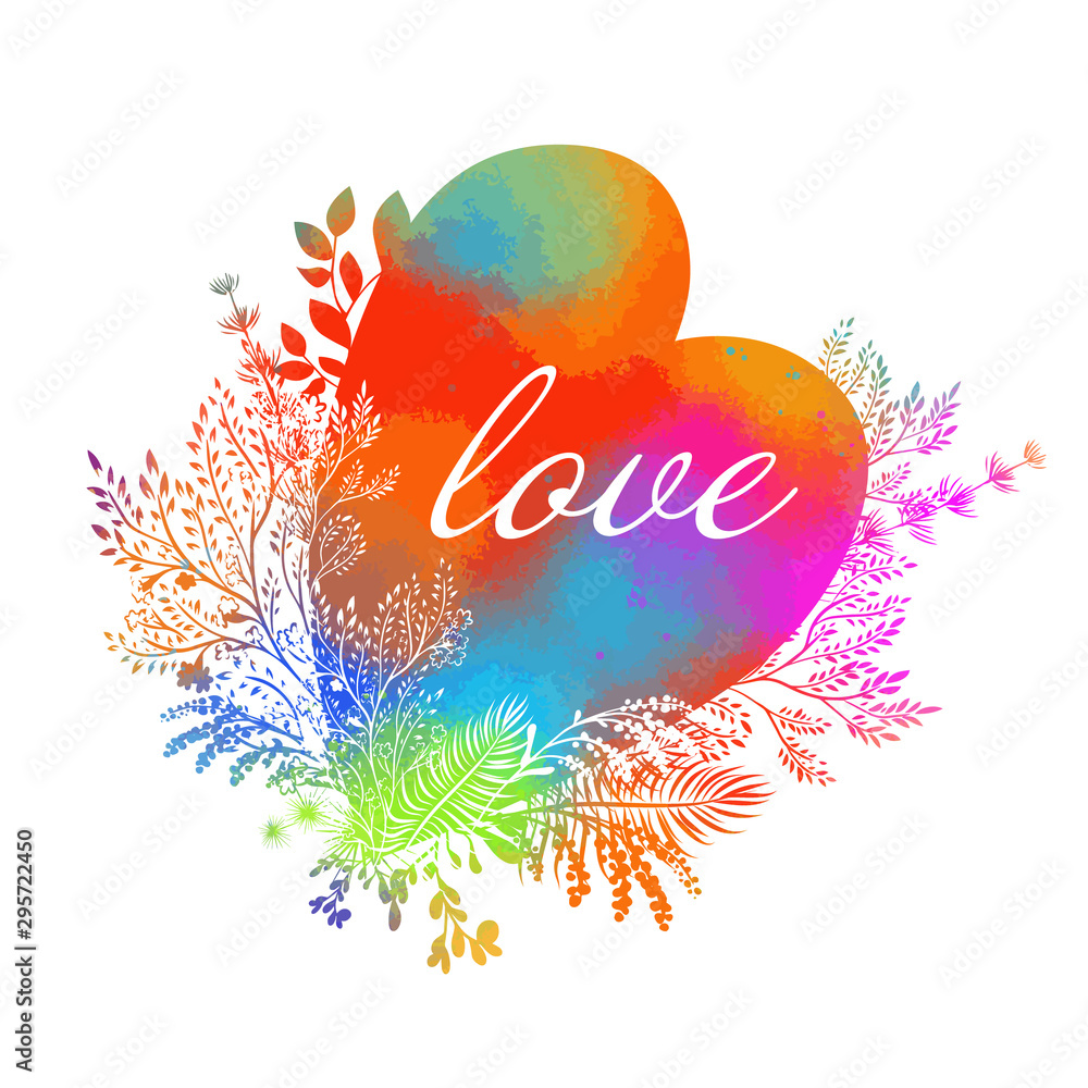 The heart with flowers and twigs is abstract. Happy Valentine's Day. Vector