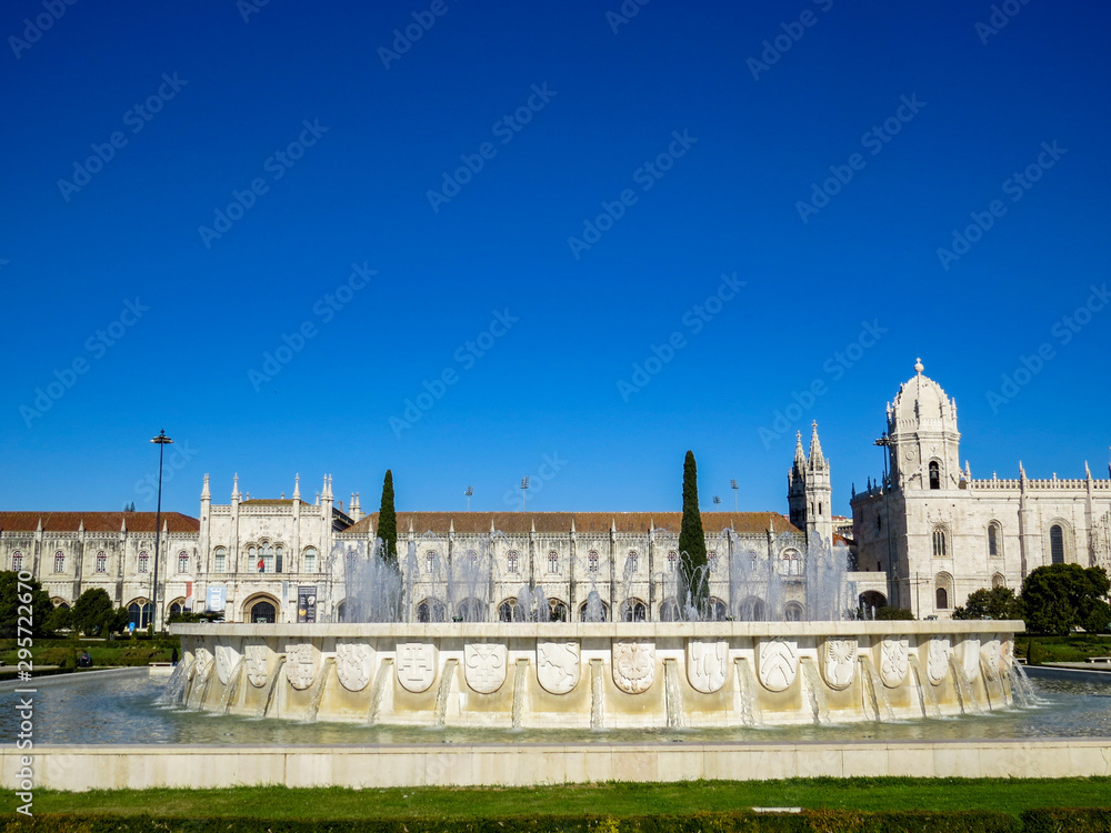 Fototapeta premium Jeronimos Monastery in Lisbon - the most grandiose monument to late-Manueline Portuguese style architecture, and Church of Santa Maria of Belem in Lisbon, Portugal