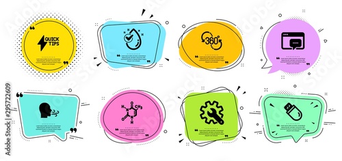 Chemical formula, Seo message and Water drop line icons set. Chat bubbles with quotes. Quickstart guide, Usb stick and 360 degree signs. Customisation, Breathing exercise symbols. Vector