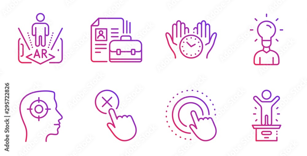Education, Augmented reality and Vacancy line icons set. Reject click, Recruitment and Safe time signs. Click hand, Winner podium symbols. Human idea, Phone simulation. People set. Vector Education, Augmented reality and Vacancy line icons set. Reject click, Recruitment and Safe time signs. Click hand, Winner podium symbols. Human idea, Phone simulation. People set. Vector