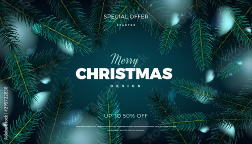 Merry Christmas banner, abstract festive background with fir tree forest vector promo poster design template