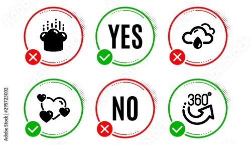 Heart, Cooking hat and Rainy weather icons simple set. Yes no check box. 360 degrees sign. Love rating, Chef, Rain. Full rotation. Business set. Heart icon. Check mark. Vector