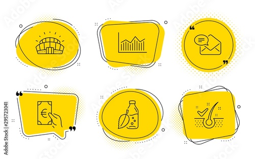 Water bottle, Sports stadium and Anti-dandruff flakes signs. Chat bubbles. Finance, Money diagram and New mail line icons set. Eur cash, Currency diagram, Received e-mail. Mint leaf drink. Vector