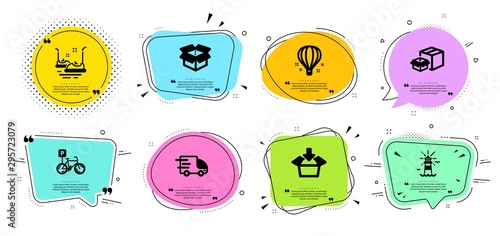 Get box, Truck delivery and Bicycle parking line icons set. Chat bubbles with quotes. Packing boxes, Lighthouse and Bumper cars signs. Open box, Air balloon symbols. Vector