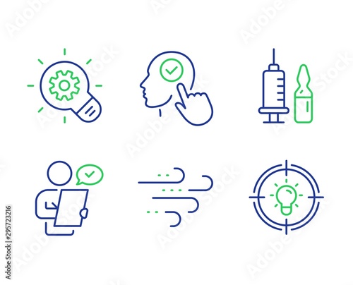 Customer survey, Windy weather and Select user line icons set. Cogwheel, Medical vaccination and Idea signs. Contract, Wind, Head with checkbox. Idea bulb. Science set. Vector