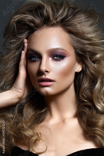 Wallpaper Mural Beautiful young model closeup portrait with fashion make up, volume hairdo, nude lips and fingers near the face. Torontodigital.ca