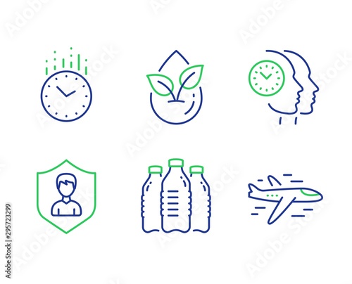 Security agency, Water bottles and Time management line icons set. Time, Organic product and Airplane signs. People protection, Aqua drinks, Teamwork clock. Clock. Business set. Vector
