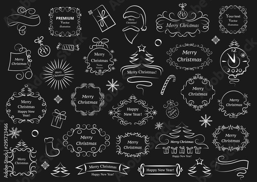 Calligraphic design elements for christmas. Decorative swirls or scrolls, vintage frames , flourishes, labels and dividers. Retro vector illustration