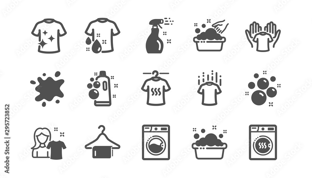 Laundry icons. Dryer, Washing machine and dirt shirt. Laundromat, hand washing, laundry service icons. Classic set. Quality set. Vector Laundry icons. Dryer, Washing machine and dirt shirt. Laundromat, hand washing, laundry service icons. Classic set. Quality set. Vector