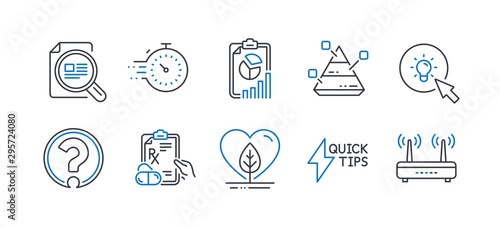 Set of Science icons, such as Report, Timer, Pyramid chart, Quickstart guide, Check article, Question mark, Prescription drugs, Energy, Local grown, Wifi line icons. Line report icon. Vector