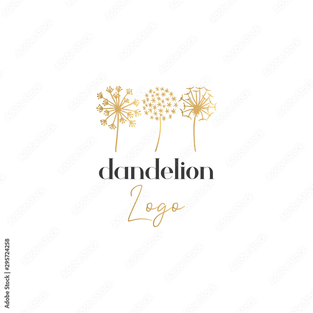 Hand Drawn Golden Template for Logo Company with Dandelions. Floral Gold Logo