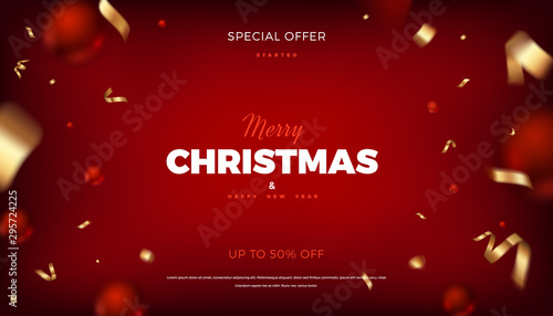 Merry Christmas red background, abstract festive banner with red balls and golden serpentine 3d vector design