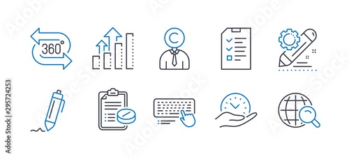 Set of Science icons, such as Analysis graph, 360 degree, Safe time, Interview, Computer keyboard, Project edit, Signature, Copyrighter, Medical prescription, Internet search line icons. Vector