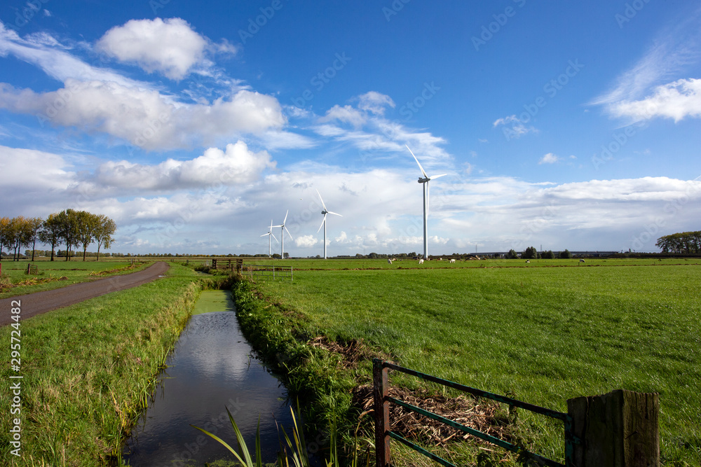 Fototapeta premium Eco power in nature landscape, Dutch landscape with windmills and cows grazing