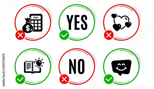 Heart, Product knowledge and Finance calculator icons simple set. Yes no check box. Smile chat sign. Love rating, Education process, Calculate money. Happy face. Technology set. Heart icon. Vector