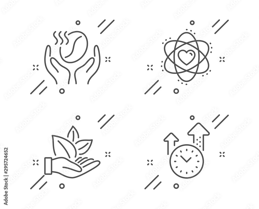 Coffee, Atom and Organic product line icons set. Time management sign. Roasted bean, Electron, Leaf. Office clock. Business set. Line coffee outline icon. Vector Coffee, Atom and Organic product line icons set. Time management sign. Roasted bean, Electron, Leaf. Office clock. Business set. Line coffee outline icon. Vector