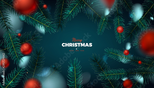 Merry Christmas red background, abstract festive banner with red balls and fir tree forest 3d vector design