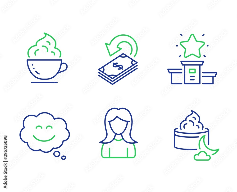 Smile chat, Winner podium and Coffee cup line icons set. Cashback, Woman and Night cream signs. Happy face, First place, Whipped cream. Financial transfer. Business set. Vector