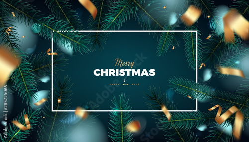 Merry Christmas red background, abstract festive banner with fir tree forest and golden serpentine 3d vector design